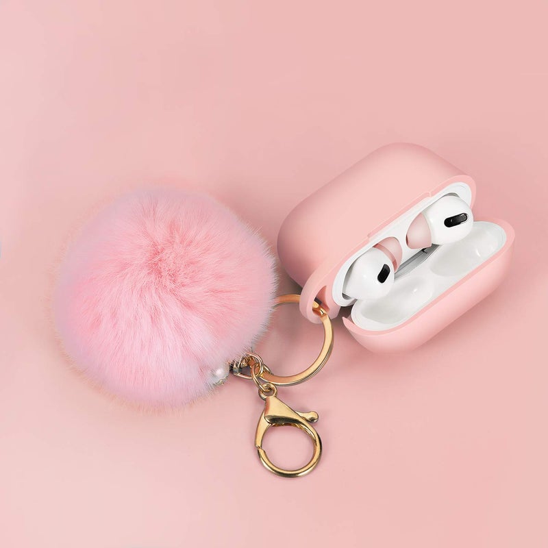 Cypher.V Protective Case Cover for Airpods Pro Charging Case with Ear Tips 1 Pair Kit, Air Pods Silicone Case with Soft Cute Ball Pom Pom Keychain Kit Together with Ear Buds Tips 2&1 (X, Light Pink) - Image 2